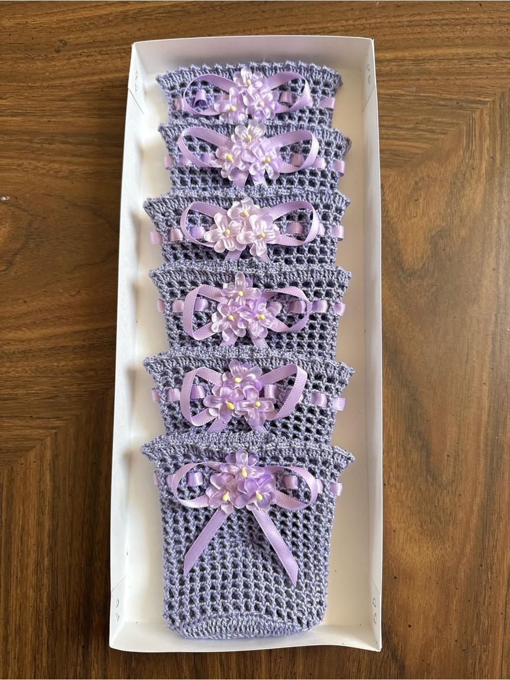 Hand Crocheted Lavender Glass Sleeves with Bow and Flower Accents - Picture 2 of 2